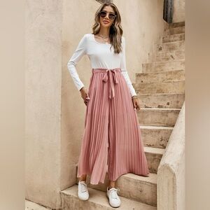 Two Tone Pleated Wide Leg Belted Jumpsuit